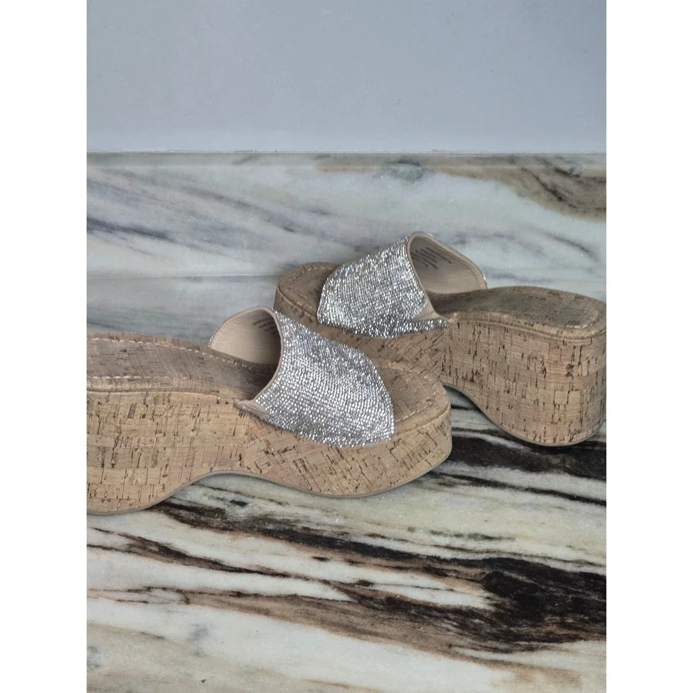 Madden Girl Zahara-R Silver Rhinestone Cork Platform Wedge Sandals‎ 8M